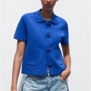 Zara Knit Cardigan Top with Beaded Buttons Size M